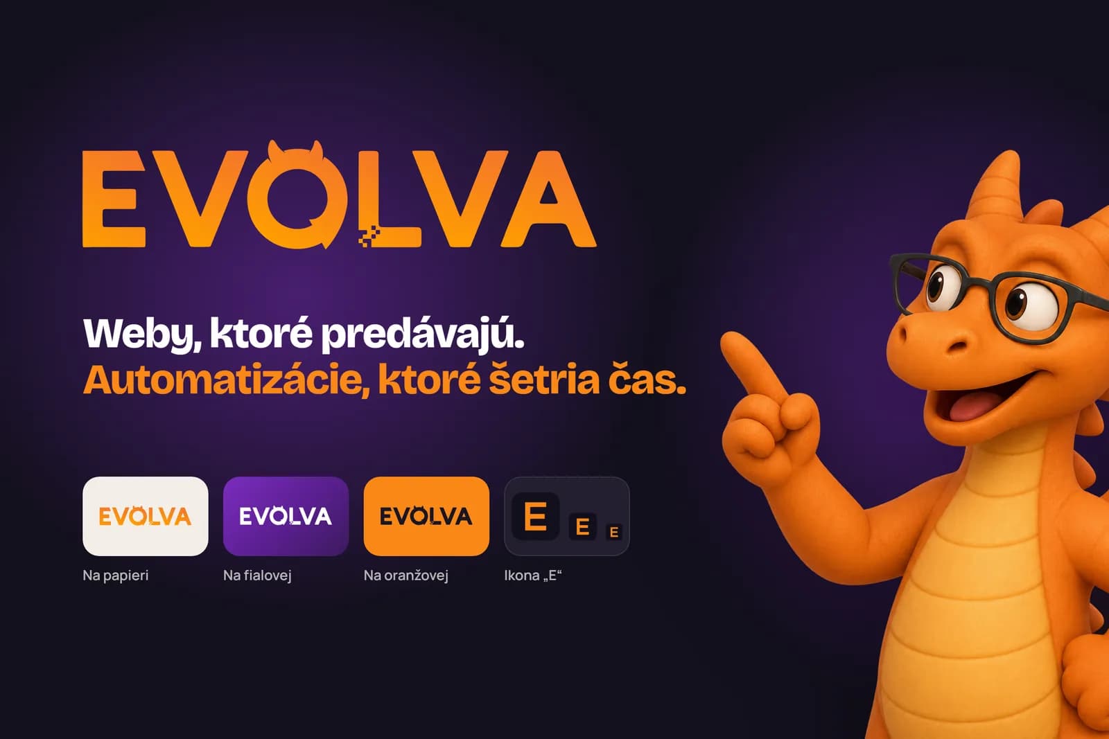 Logo Evolva v oranžovom prechode na tmavej scéne s fialovou žiarou, pod ním veta značky, verzie loga na papieri, fialovej a oranžovej, ikona „E“ a dráčik, ktorý na logo ukazuje