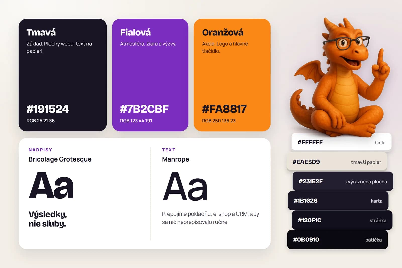 Farby značky Evolva, tmavá #191524, fialová #7B2CBF a oranžová #FA8817, s ukážkou písiem Bricolage Grotesque a Manrope a dráčikom, ktorý sedí na kôpke farebných vzoriek