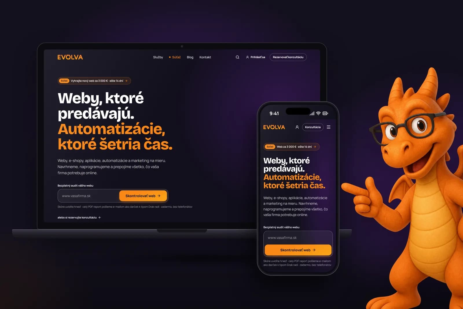 Web evolva.sk na notebooku a mobile v tmavom štýle značky a dráčik, ktorý na obrazovky ukazuje