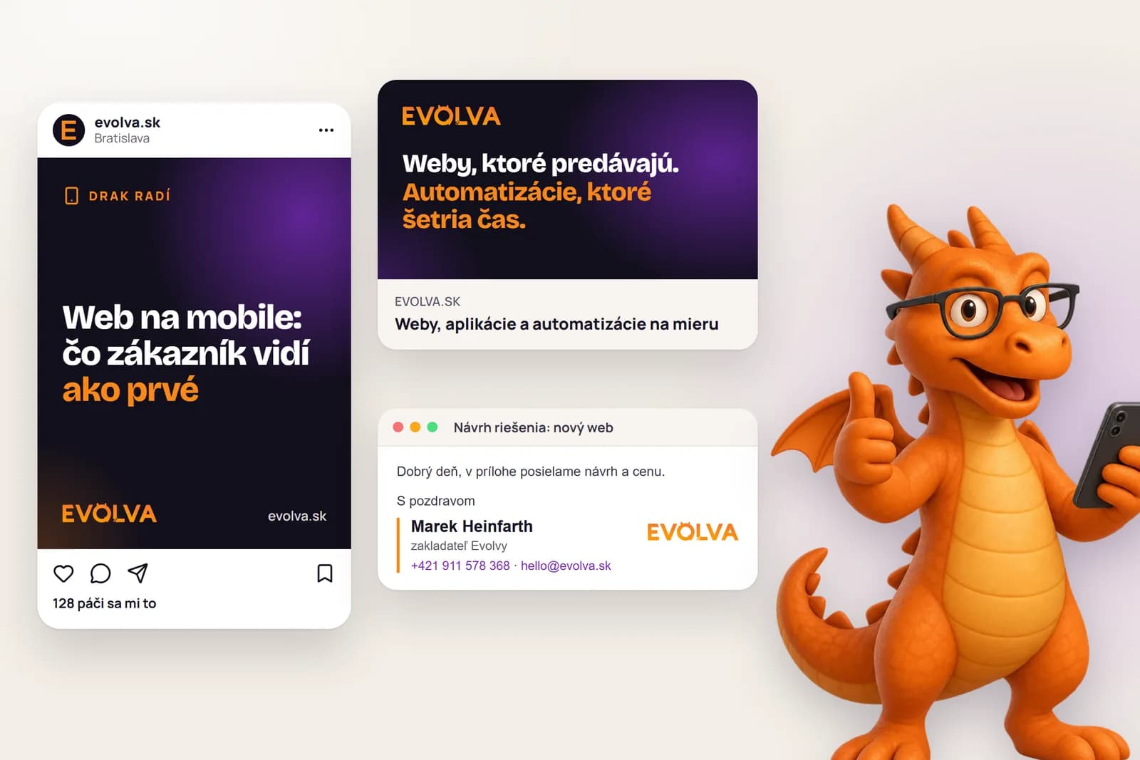 Príspevok na sociálne siete, obrázok pri zdieľaní odkazu a e-mailový podpis v štýle Evolvy, vedľa nich dráčik s mobilom a palcom hore